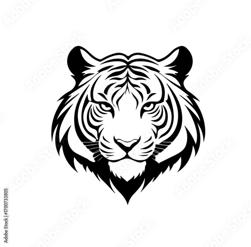 Minimalist Black Tiger Head Logo Vector. Stylized vector illustration of a tiger head in black minimalist design. Perfect for mascot, sports team emblem, tattoo, or branding identity.