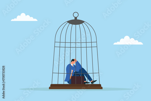 Vector illustration of a frustrated businessman trapped in a cage, symbolizing career limitations, financial constraints, or feeling stuck in challenging situations
