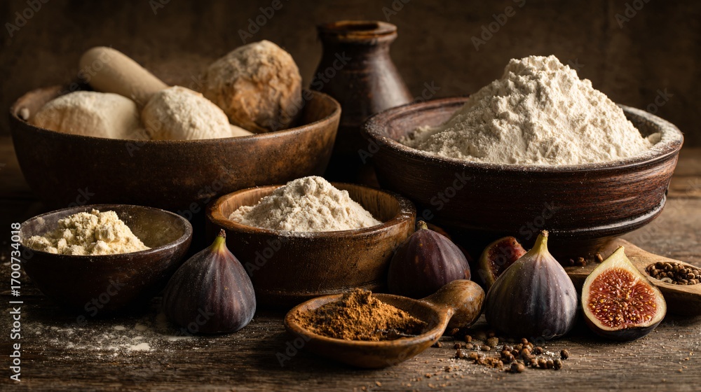 Fototapeta premium A bakery-style layout: flour, yeast, figs, and tiny spice bowls