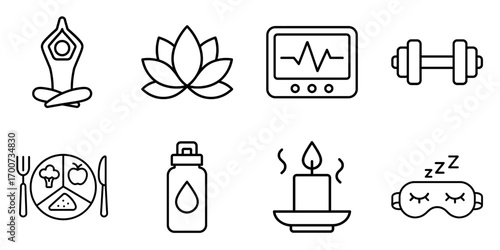 Wellness and self care line icons set. yoga, meditation, fitness, healthy food, sleep, hydration, and relaxation symbols