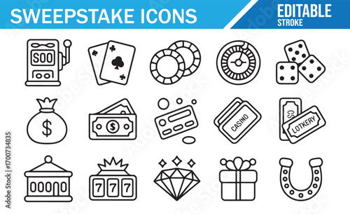 Lucky gambling icons set including horseshoe, chips, dice, and diamonds
