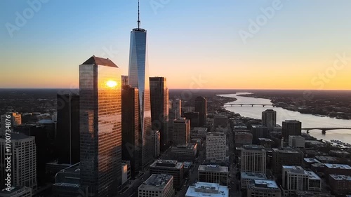 Aerial drone shot of a modern city skyline at sunset