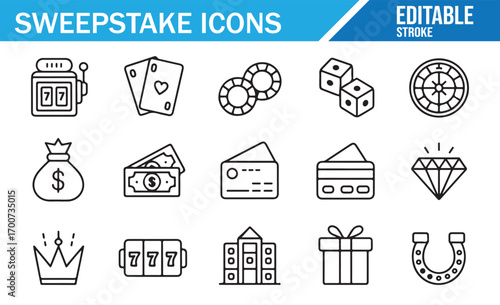 Stroke-style gambling icons with chips, cards, dice, money, and slot machine