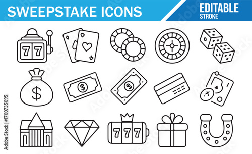 Lottery and jackpot outline icons for sweepstake, gambling, and prize concepts