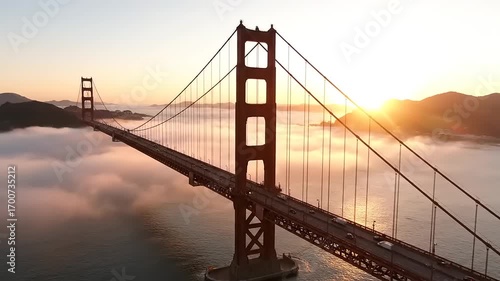 Golden Gate Bridge at Sunrise or Sunset with Rolling Fog and Traffic