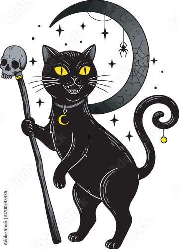 Mysterious black cat with skull staff and crescent moon charm