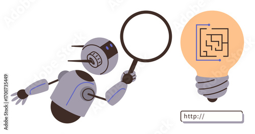 Robot with magnifying glass examining a glowing lightbulb with circuit pattern. Ideal for AI research, innovation, problem-solving, technology, machine learning, digital ideas, SEO. Simple flat