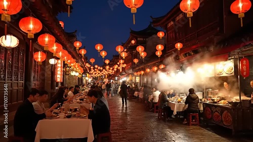 Vibrant Asian Night Market Street with Red Lanterns and People Dining Outdoors