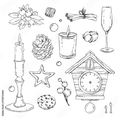 Hand drawn line art ink illustration with Christmas objects like candle, clock, champagne glass, star and sweets, monochrome holiday clip art collection for festive design and invitations.