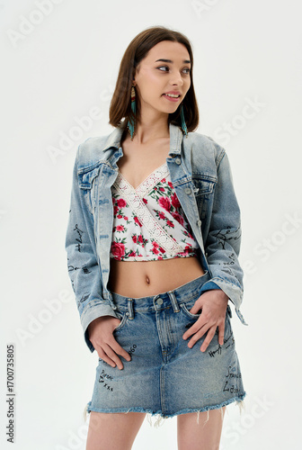 Fashion shooting in studio . Professional model , fashionable clothes and style, new collection. stylish look