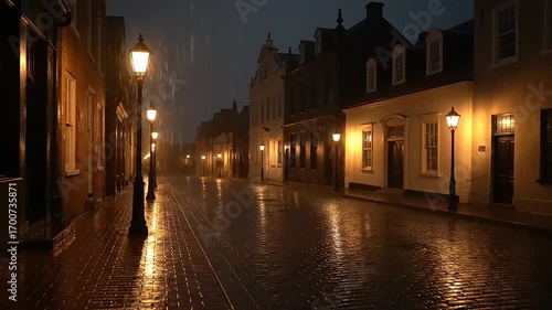 Rainy Night Street with Glowing Lanterns and Wet Cobblestones, Old European City Atmosphere
