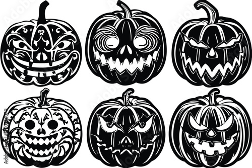 Collection of Halloween pumpkins with carved faces and silhouettes. Scary and funny faces of a Halloween pumpkin. Vector illustration