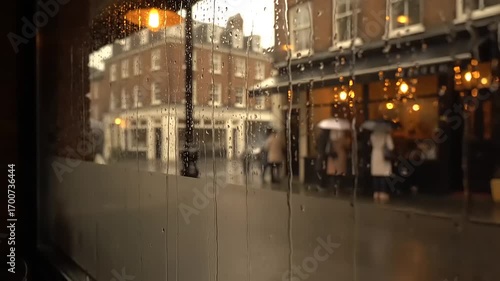 Rainy street scene through a window