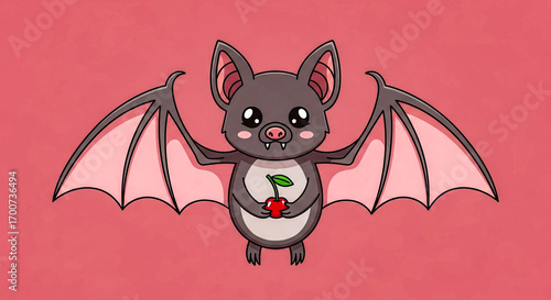 A cute cartoon bat holding a cherry, perfect for halloween or animal themed designs