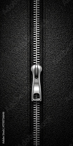 Close-up view of a metallic zipper on a dark black leather surface.