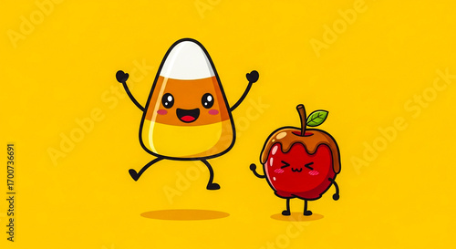 Cute candy corn and caramel apple cartoon character on yellow background