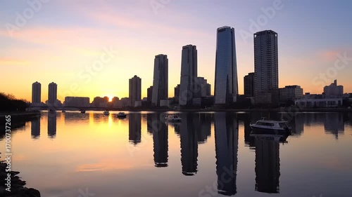 Beautiful Cityscape at Sunrise with Skyscrapers Reflected in Calm River