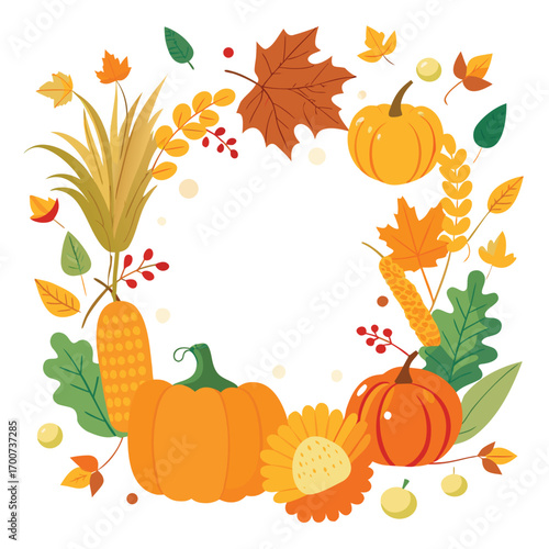 Autumn harvest wreath with pumpkins and corn fall