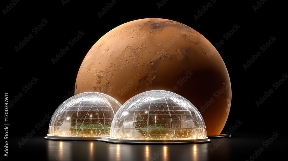 Obraz premium Futuristic habitat domes on Mars with a detailed planet backdrop, representing potential space colonization, Ideal for articles, presentations, or designs focused on space exploration and innovation,