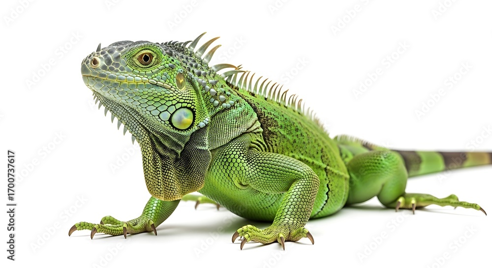 Obraz premium Detailed portrait of a vibrant green iguana against a stark white background showcasing its