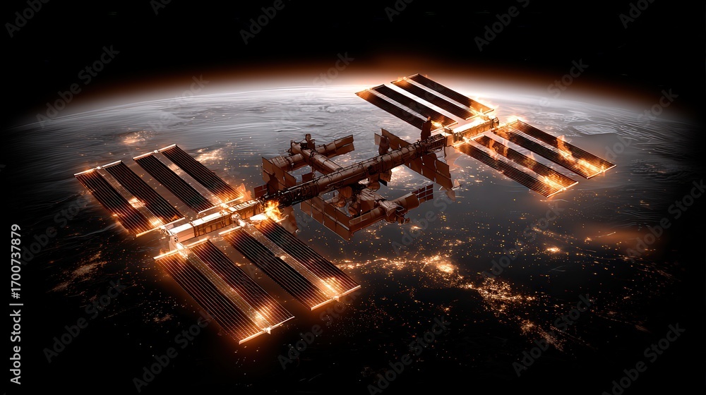 Obraz premium A stunning view of a space station orbiting Earth, illuminated with bright solar panels against a backdrop of the planet and twinkling city lights, Ideal for articles on space exploration, technology