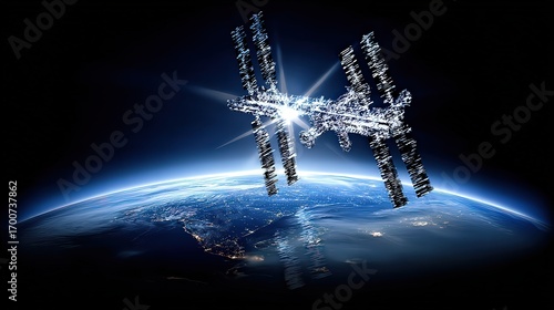 Fototapeta Naklejka Na Ścianę i Meble -  A satellite or space station orbits above Earth, illuminated by sunlight, This captivating image represents advancements in space technology and exploration