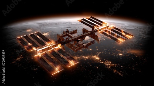 A stunning view of a space station orbiting Earth, illuminated with bright solar panels against a backdrop of the planet and twinkling city lights, Ideal for articles on space exploration, technology
