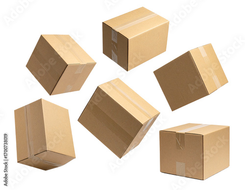 Closed and taped cardboard parcel boxes falling on transparent background with shadow