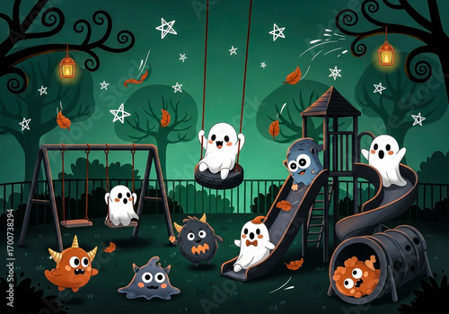 Whimsical halloween night scene with ghosts and monsters playing in a park under a starry sky, lanterns hanging