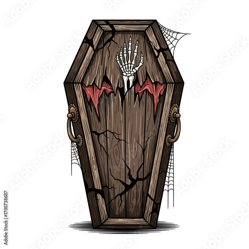 Spooky wooden coffin with skeleton hand and roses halloween decoration illustration