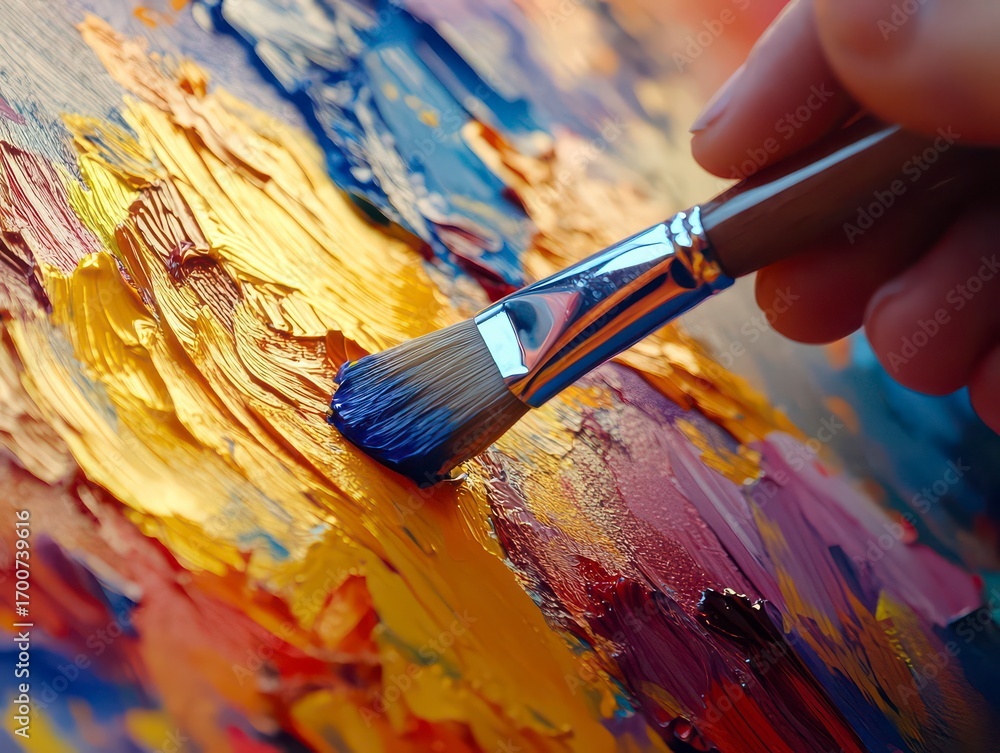 Fototapeta premium Person is painting a colorful scene with a brush