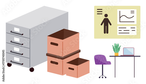 Filing cabinet and stacked archive boxes beside a desk with a chair, plant, and laptop in an office. A wall-mounted infographic displays data charts. Ideal for productivity, organization, storage