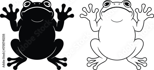 Black and white frog pair illustration, symmetrical amphibian silhouettes, cute cartoon frogs, nature wildlife design, simple vector art, playful animal characters