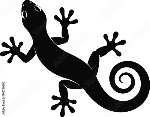 Black silhouette of a lizard with curled tail and spread toes, reptile illustration, nature wildlife design, tropical animal vector art, simple bold shape