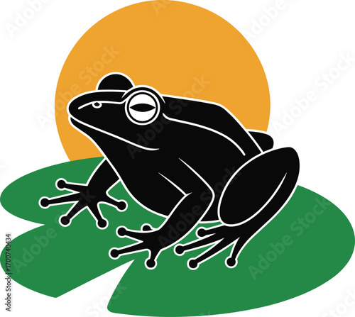 Black silhouette frog sitting on green lily pad with orange sun background, nature wildlife illustration, minimalist amphibian design, peaceful pond scene vector art