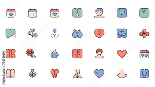 Modern minimalist flat vector icon set for telehealth digital clinics health apps and remote patient care platforms in vibrant colors