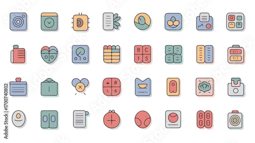 Modern minimalist flat vector icon set for telehealth digital clinics health apps and remote care platforms featuring essential medical and communication symbols