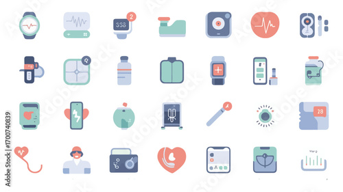 Modern minimalist vector icon set for telehealth digital clinics health apps and remote care platforms featuring essential medical and communication symbols in vibrant colors