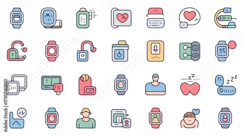 Modern minimalist telehealth and digital health icon set featuring remote care health apps and clinic user interface symbols in vibrant colors