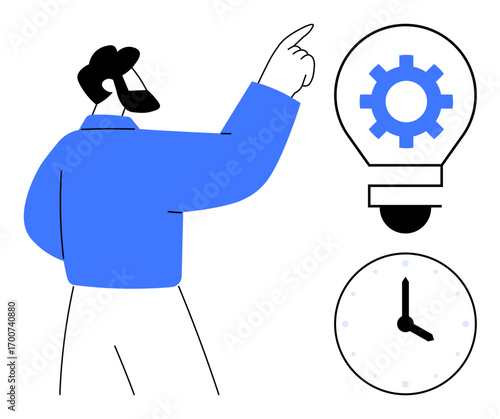 Man gestures toward gear-filled lightbulb, symbolizing ideas and efficiency, alongside a clock. Ideal for innovation, productivity, time management, planning, creativity, workflow simple flat