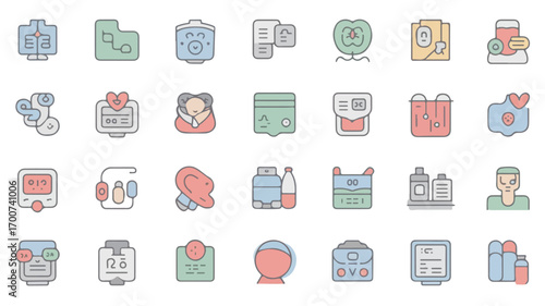 Minimalist flat vector icon set for telehealth digital clinics health apps and remote care platforms featuring diverse medical and communication symbols in vibrant colors