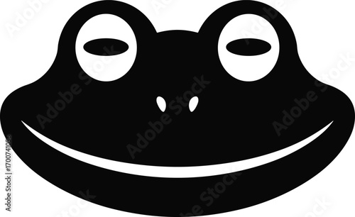 Minimalist black and white frog face illustration, smiling amphibian cartoon, cute animal design, simple nature icon, playful character vector art
