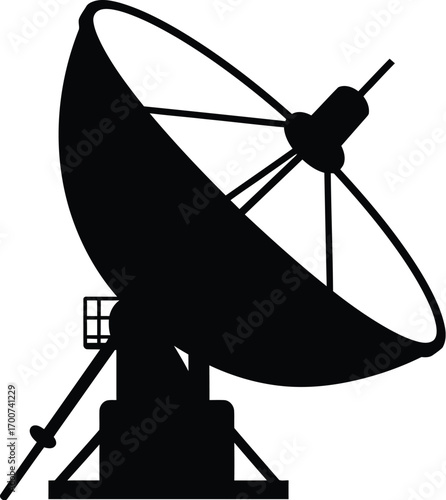 Black silhouette of a satellite dish transmitting data, perfect for technology, communication, and internet concepts against a white background