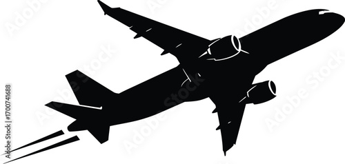 Dynamic silhouette of commercial jet airliner taking off, soaring through the sky, symbolizing travel, freedom, and adventure for your projects