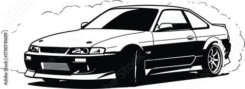Dynamic black and white illustration of a drifting sports car, perfect for automotive design, racing events, and adrenaline-fueled projects