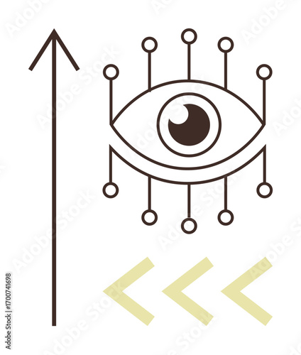 Eye surrounded by nodes, upward arrow, and left-facing chevrons signifies vision, progress, technology, innovation, strategy, foresight and data connectivity. Ideal for growth tech leadership