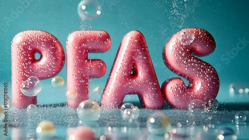 Pink PFAS letters with bubbles and drops symbolize water contamination and environmental pollution.