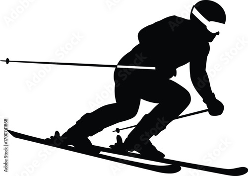 Dynamic skier silhouette gliding down snowy mountain slope, perfect for winter sports, adventure, and travel themes, evoking speed and excitement