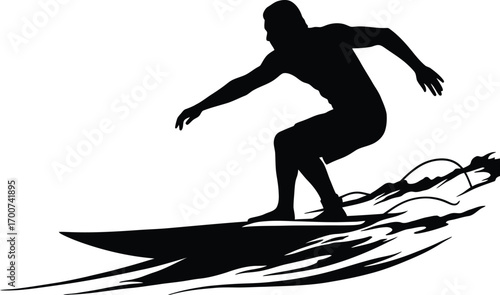 Dynamic surfer silhouette riding a wave, perfect for travel, adventure, and active lifestyle designs, evoking freedom and excitement
