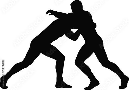 Dynamic wrestling match silhouette: Intense competition and athleticism displayed in powerful black and white graphic